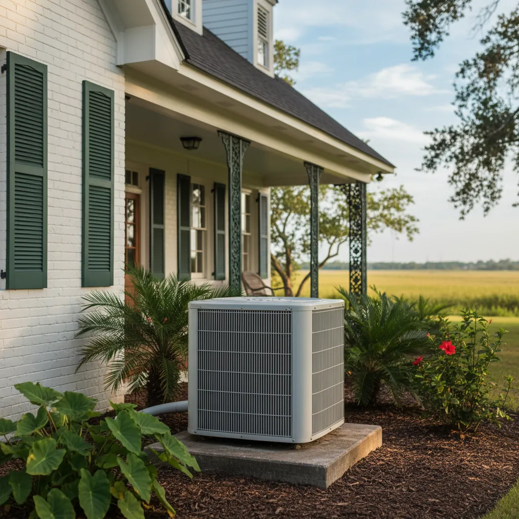 Exterior home air conditioner condenser unit on a concrete pad beside a Southeast Louisiana home