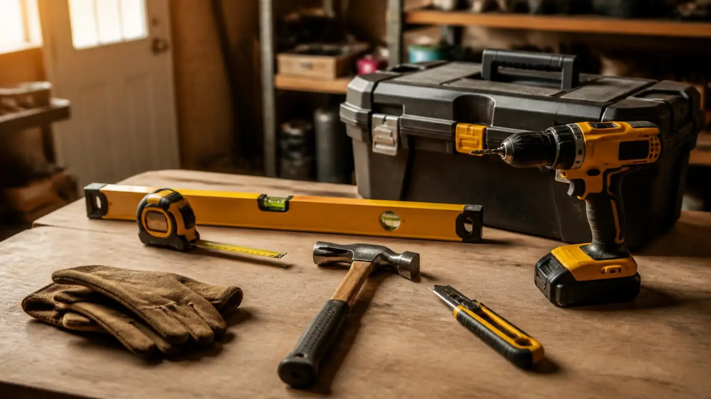 Contractor tools laid out on a workbench
