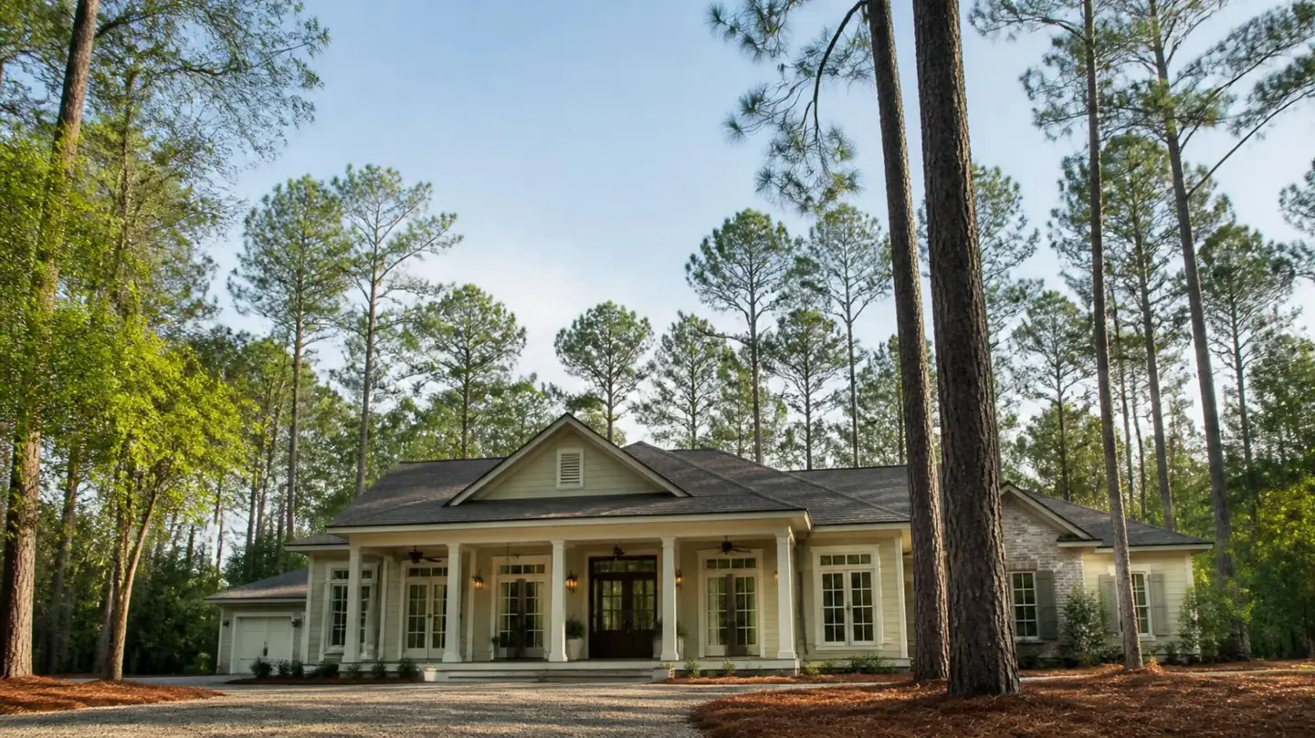 Porch-front Louisiana home with French doors set among tall pines, typical of the Covington area
