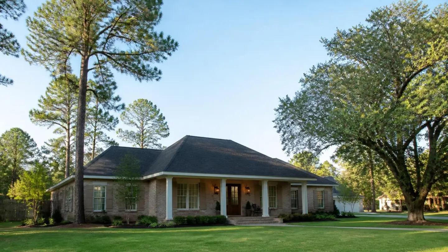 Brick home with a hip roof and columned front porch among tall pines, typical of the Denham Springs area