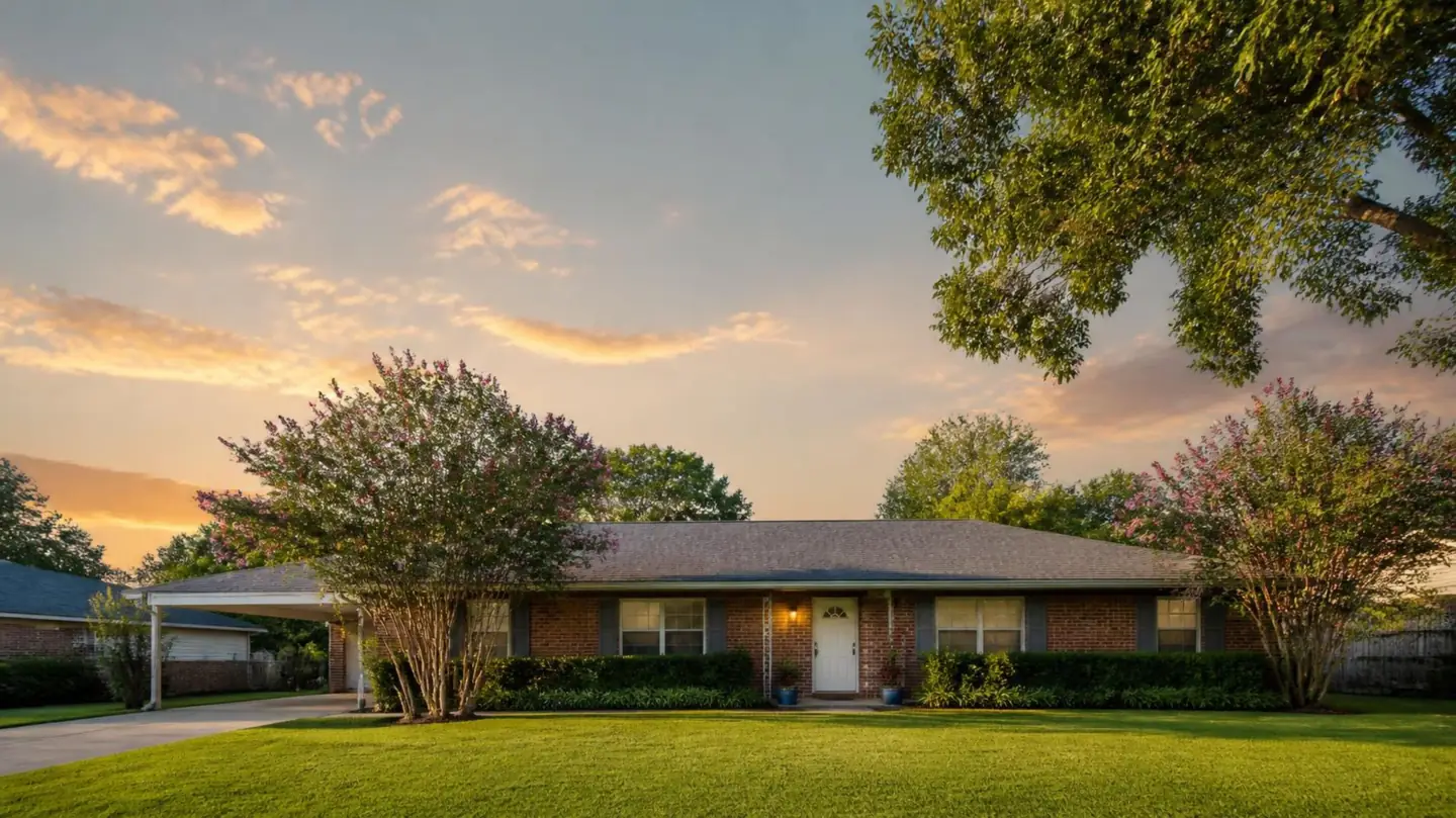 Brick ranch home with a carport and blooming crepe myrtles, a familiar style around Gonzales