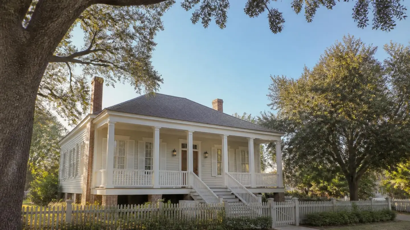 Raised Louisiana cottage with a full front porch and white picket fence, a style found in Hammond's older neighborhoods