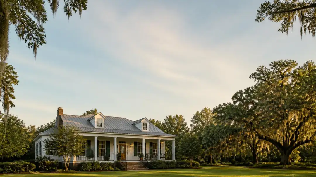 Acadian-style Louisiana home with a raised front porch under live oaks