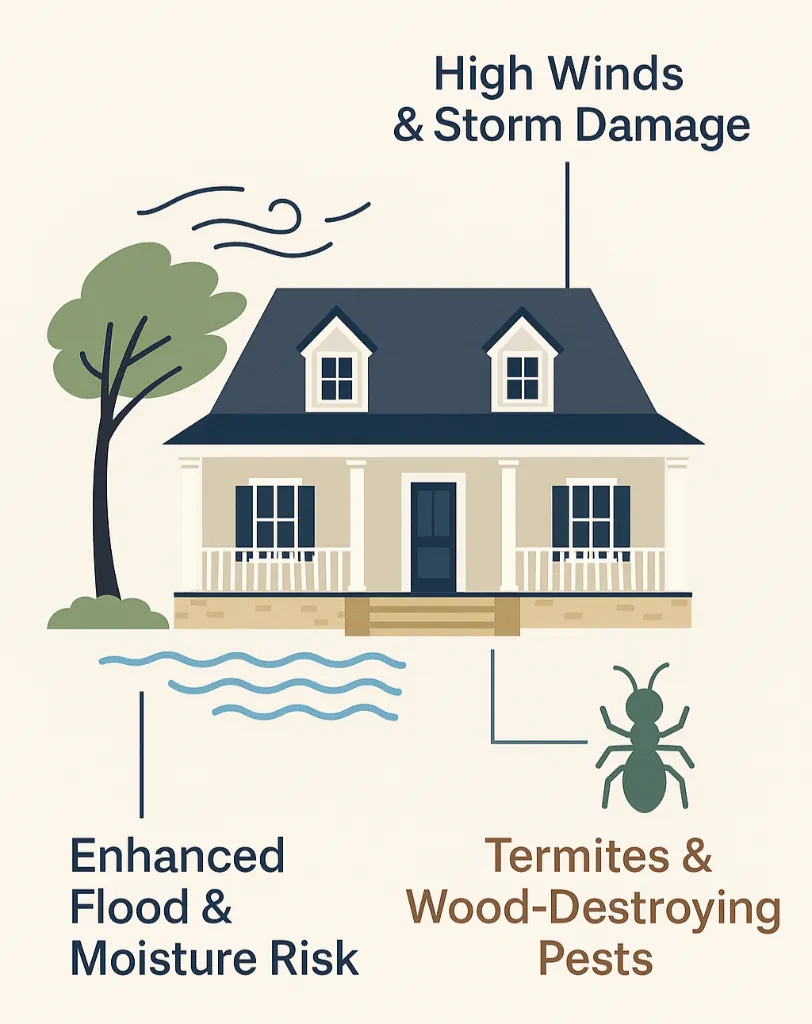 Illustration of Southeast Louisiana home inspection challenges including storm damage, moisture risk, and wood-destroying pests