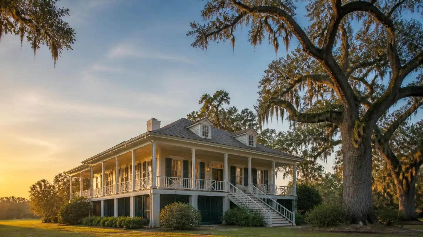 Raised Creole-style home with a wide gallery under moss-draped live oaks, typical of the Mandeville area