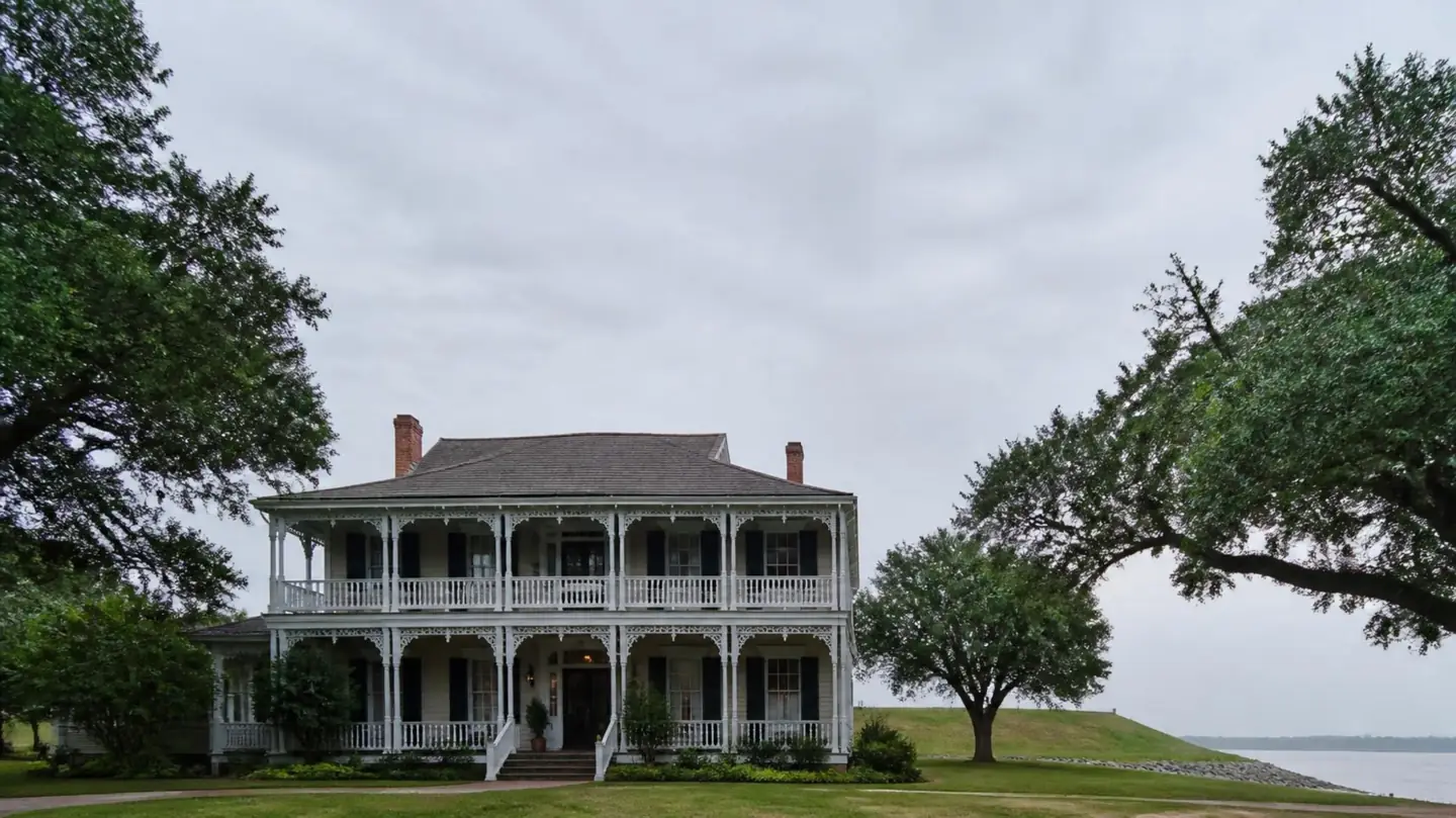Two-story Victorian home with double galleries near the Mississippi River levee, a style found in Plaquemine