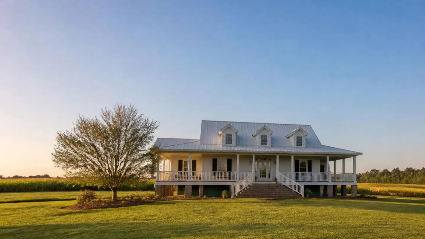 Raised country home with a metal roof and wraparound porch beside open fields, a common sight in West Baton Rouge Parish