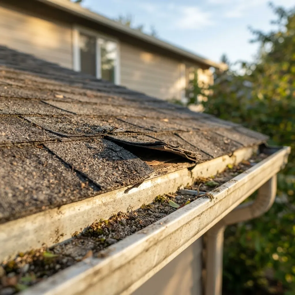 Close-up of roof shingles and gutter granule buildup on a home before a pre-listing inspection